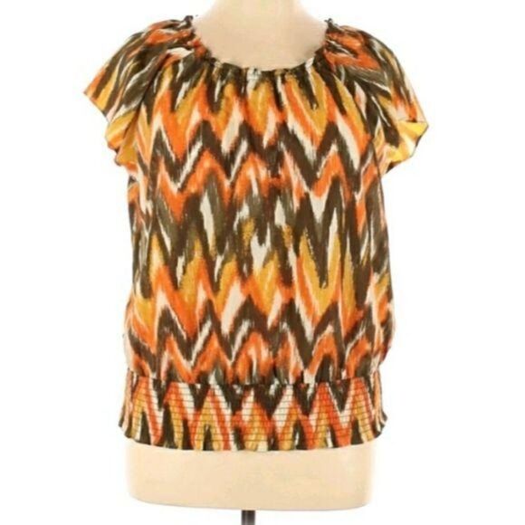 Michael Kors Warm 70's Multi Color Jewel Neck Short Flutter Sleeve Blouse Sz XL - Picture 2 of 12